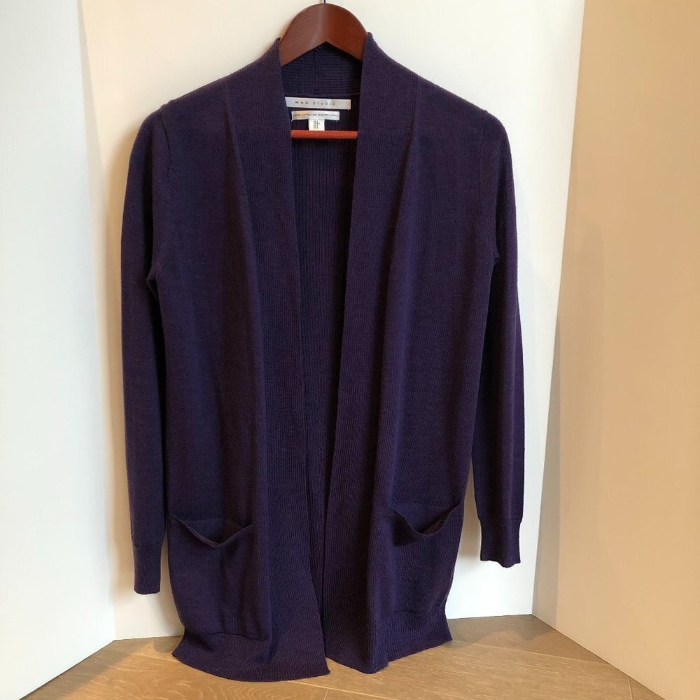 Max Studio Open Front Xtra Fine Merino Wool Cardigan Sweater Heather Purple Sz S